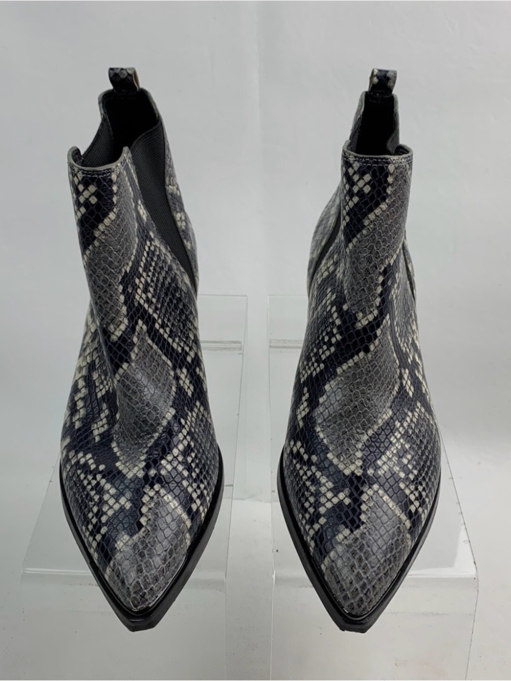 Marc Fisher Pointed Snake-Print Chelsea Booties in Black and Gray